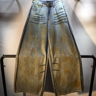 韩版2025春装新款横道彩绘高腰显瘦阔腿直筒复古牛仔裤拖地裤女裤