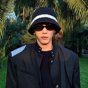 808Hattrick黑白撞色拼接基础渔夫编织盆帽子男女简约百搭显脸小