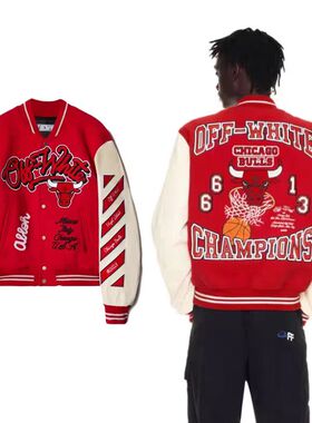 秋冬新款OFF OW芝加哥公牛联名重工植绒刺绣拼皮棒球服夹克外套潮