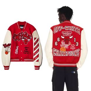 秋冬新款 OW芝加哥公牛联名重工植绒刺绣拼皮棒球服夹克外套潮 OFF