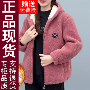 正品原版冬季加绒加厚保暖羊羔绒外套女连帽新款宽松大码保暖棉衣