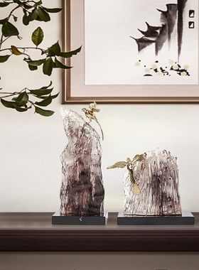 设计师现代新中式禅意样板房透明假山招财摆设家居客厅玄关摆件