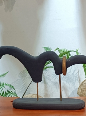 WENYI侘寂风黑色几何碳化木环扣摆件客厅茶几样板间桌面装饰品