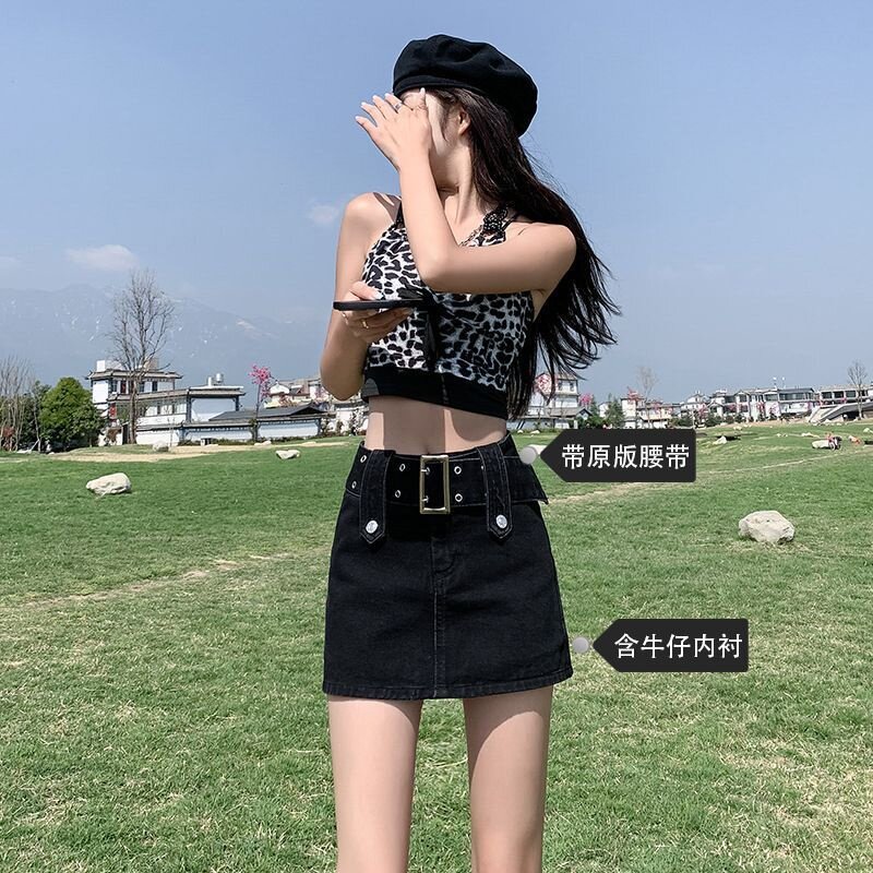 韩版新款辣妹牛仔短裙a字有内衬防走光包臀裙设计感百搭高腰裙子