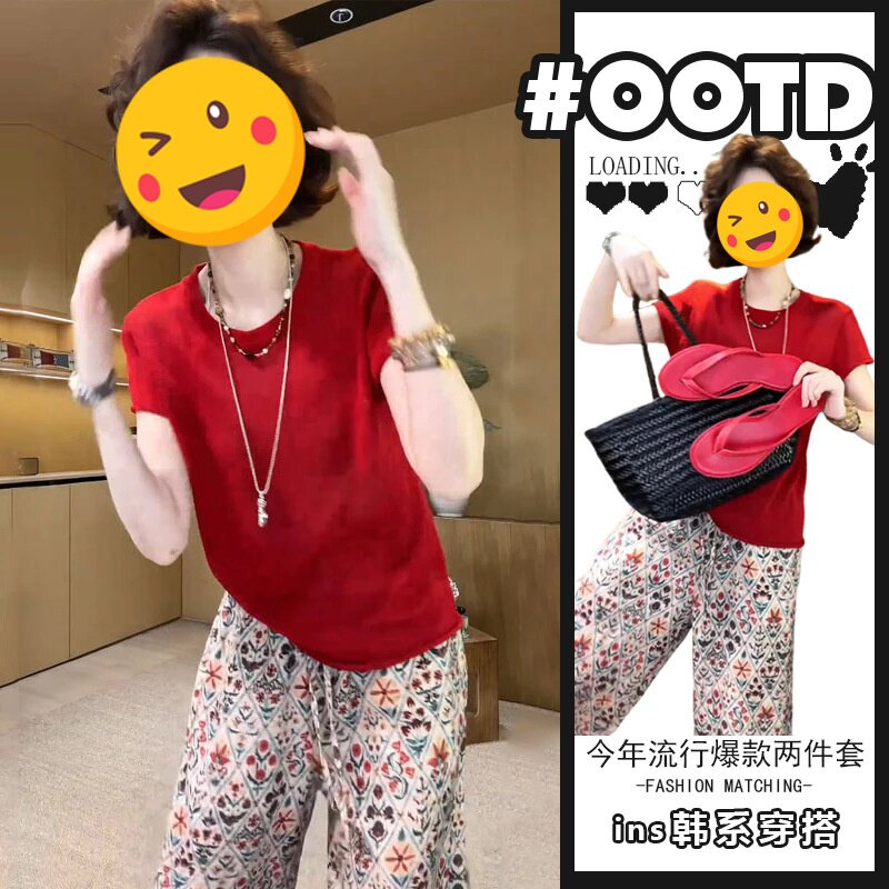 今年流行一整套时尚感红色圆领T恤上衣遮肉显瘦印花直筒裤两件套