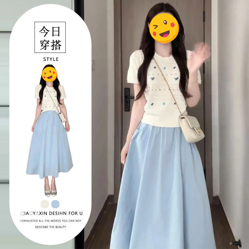 2026年夏季新款韩系温柔风彩色绣花气质短袖上衣搭配半身裙两件套