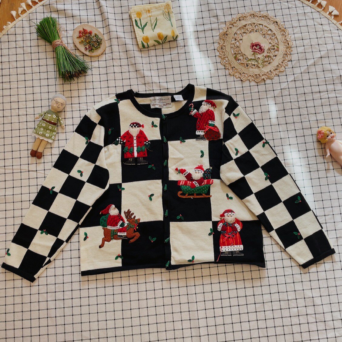 美国购回精品vintage黑白格精致利泰圣诞老人古着手工毛衣