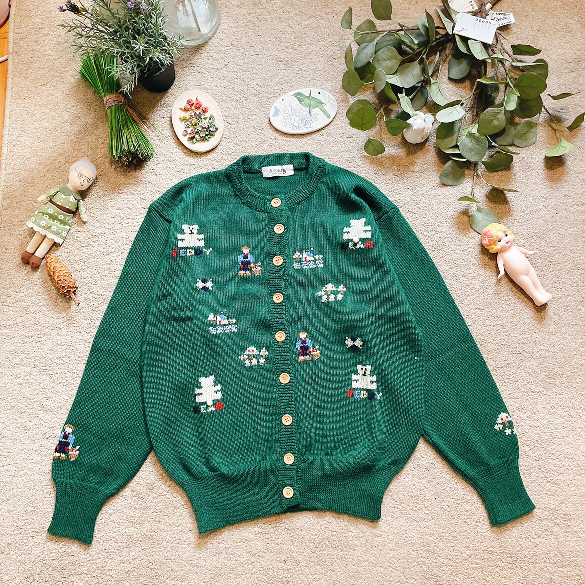 特 森系超美圣诞绿可爱刺绣小男孩房子小狗 孤品纯手工古着毛衣