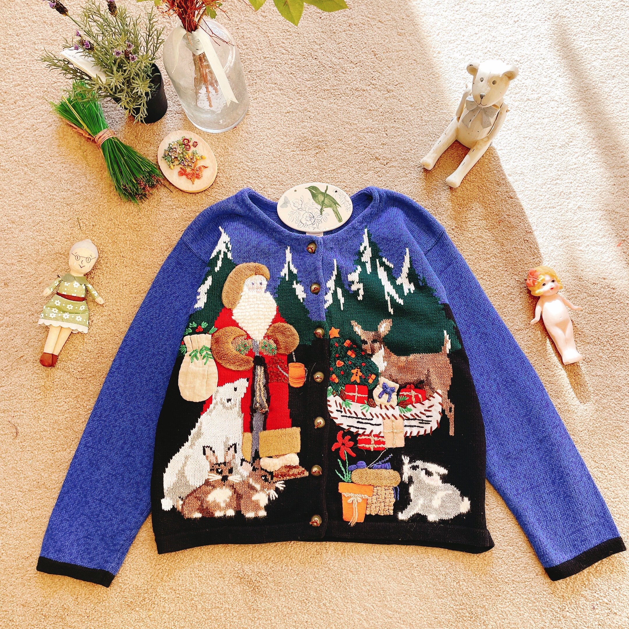 美国购回 趣味重磅立体精致森林圣诞老人和动物手工精品古着毛衣