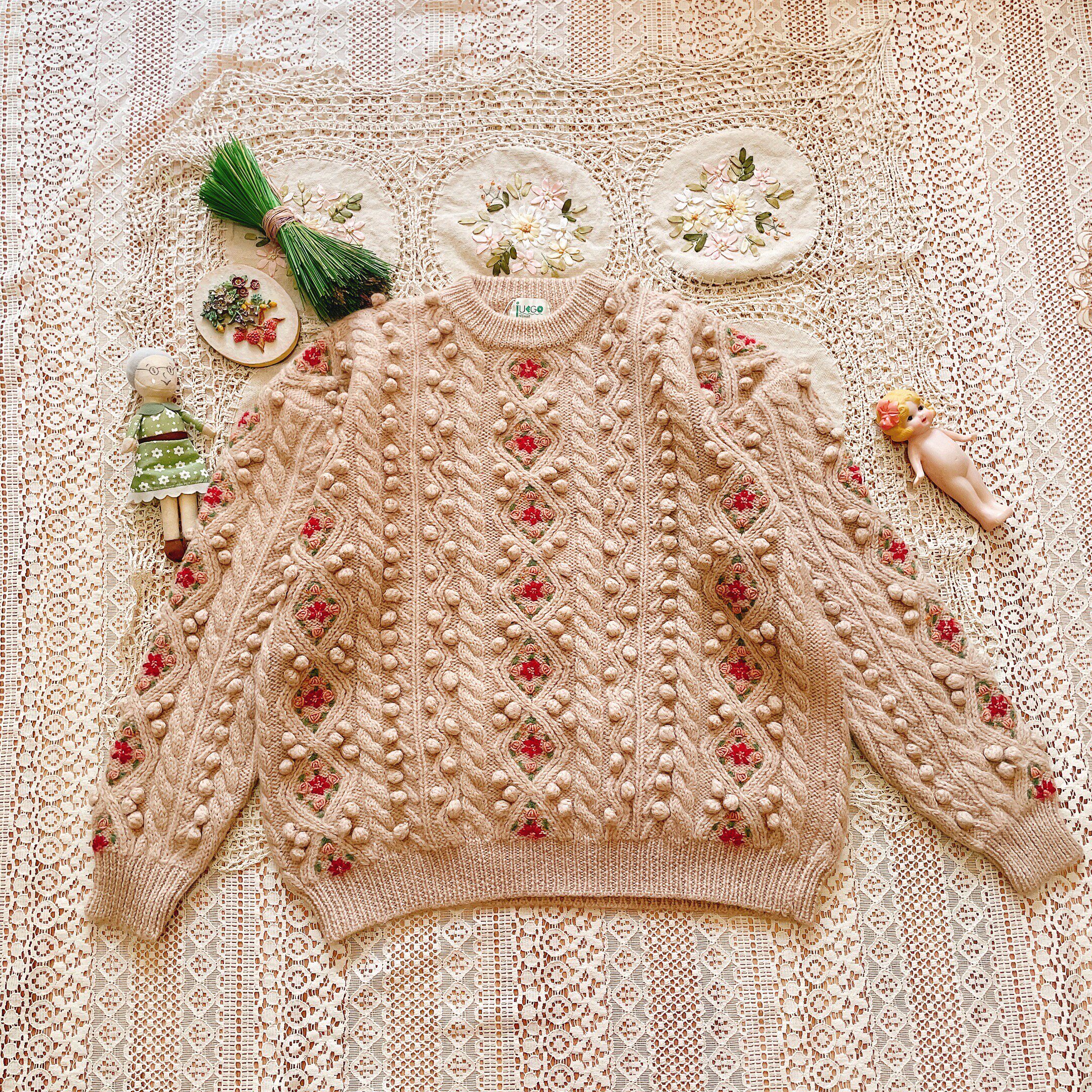 日本vintage森系超厚肉色超重工满满豆豆刺绣花圃古着手工毛衣