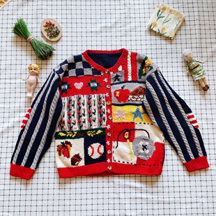 美国购回精品刺绣花苞苹果棒球星条旗纯手工vintage孤品毛衣