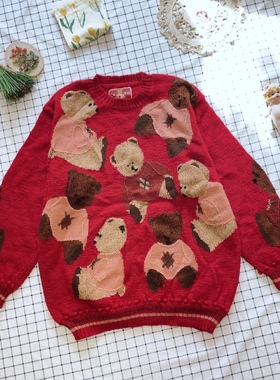 日本购回贵牌pinkhouse副牌正红色满满开泰迪熊古着手工毛衣