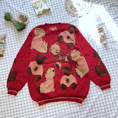 日本购回贵牌pinkhouse副牌正红色满满开泰迪熊古着手工毛衣