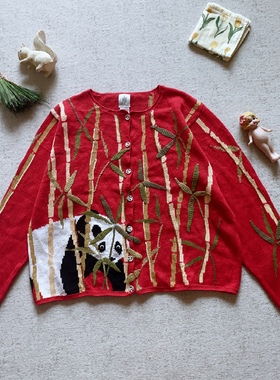 美国购回大红色竹子大熊猫纯手工vintage孤品古着毛衣