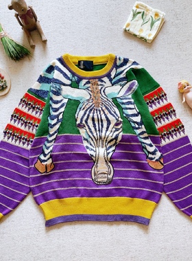 日本购回紫色抽象波谱刺绣斑纯手工vintage孤品毛衣