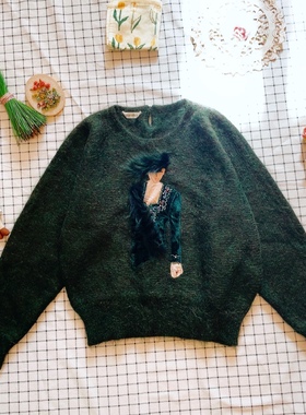 日本购回墨绿色长马海毛戴珠宝的贵妇纯手工vintage孤品毛衣