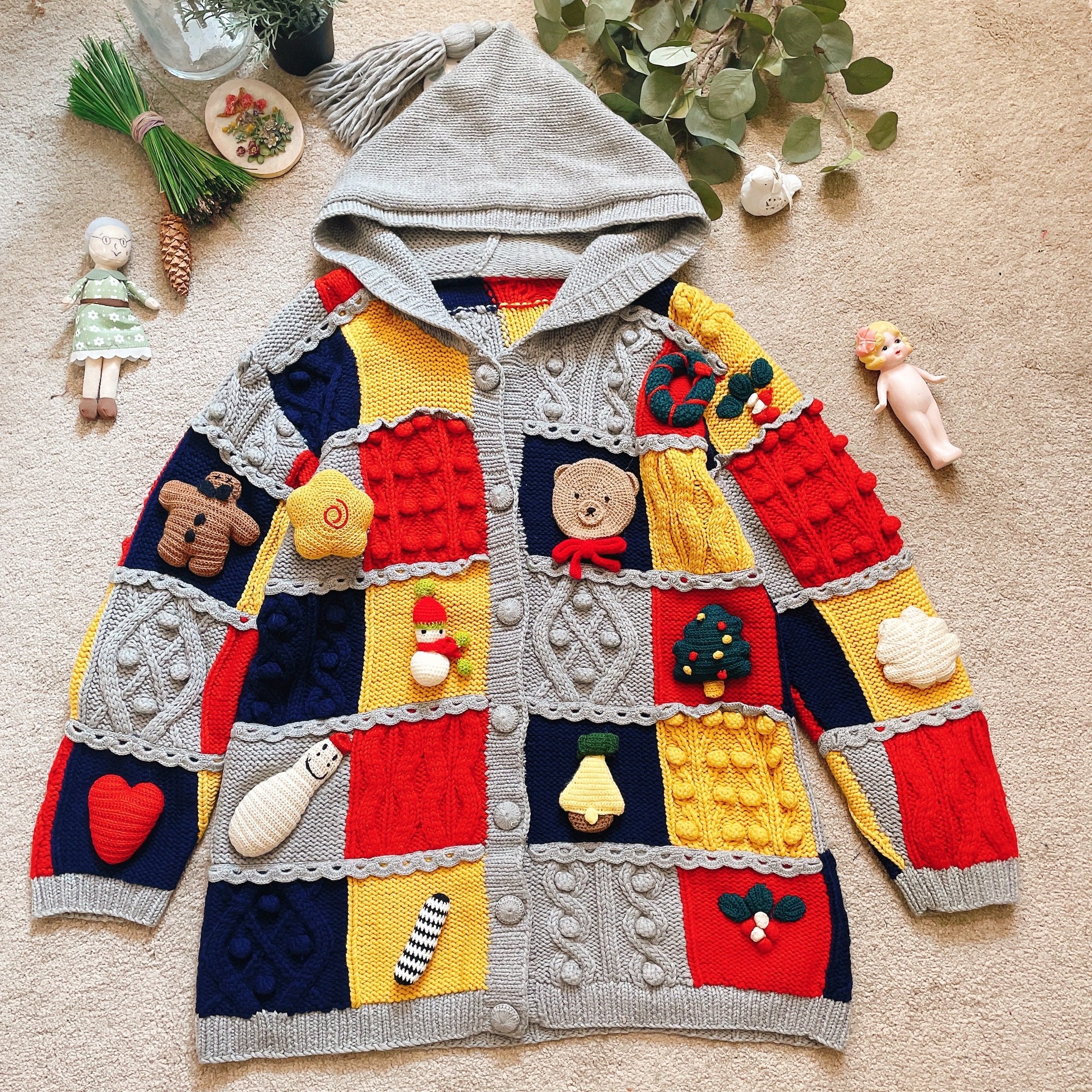 美国购回精品 趣味立体圣诞姜饼人小熊雪人 纯手工魔法帽古着毛衣