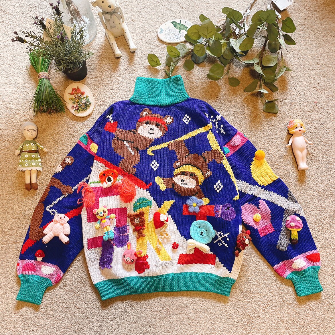 美国购回收藏级 糖果色滑雪小熊小兔圣诞 纯手工孤品古着毛衣