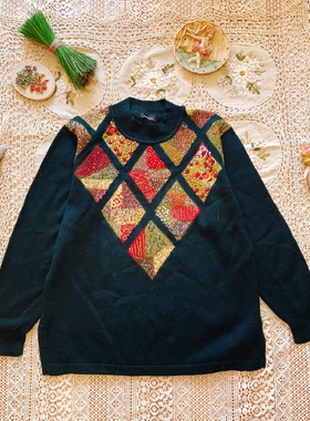 日本购回墨绿色重工刺绣花圃vintage手工毛衣