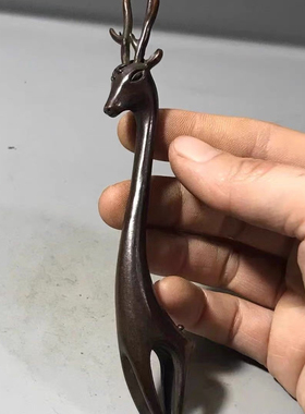 古玩杂项小鹿壶插挑壶盖实心雕件紫铜包浆小麋鹿头叉茶道茶具摆件