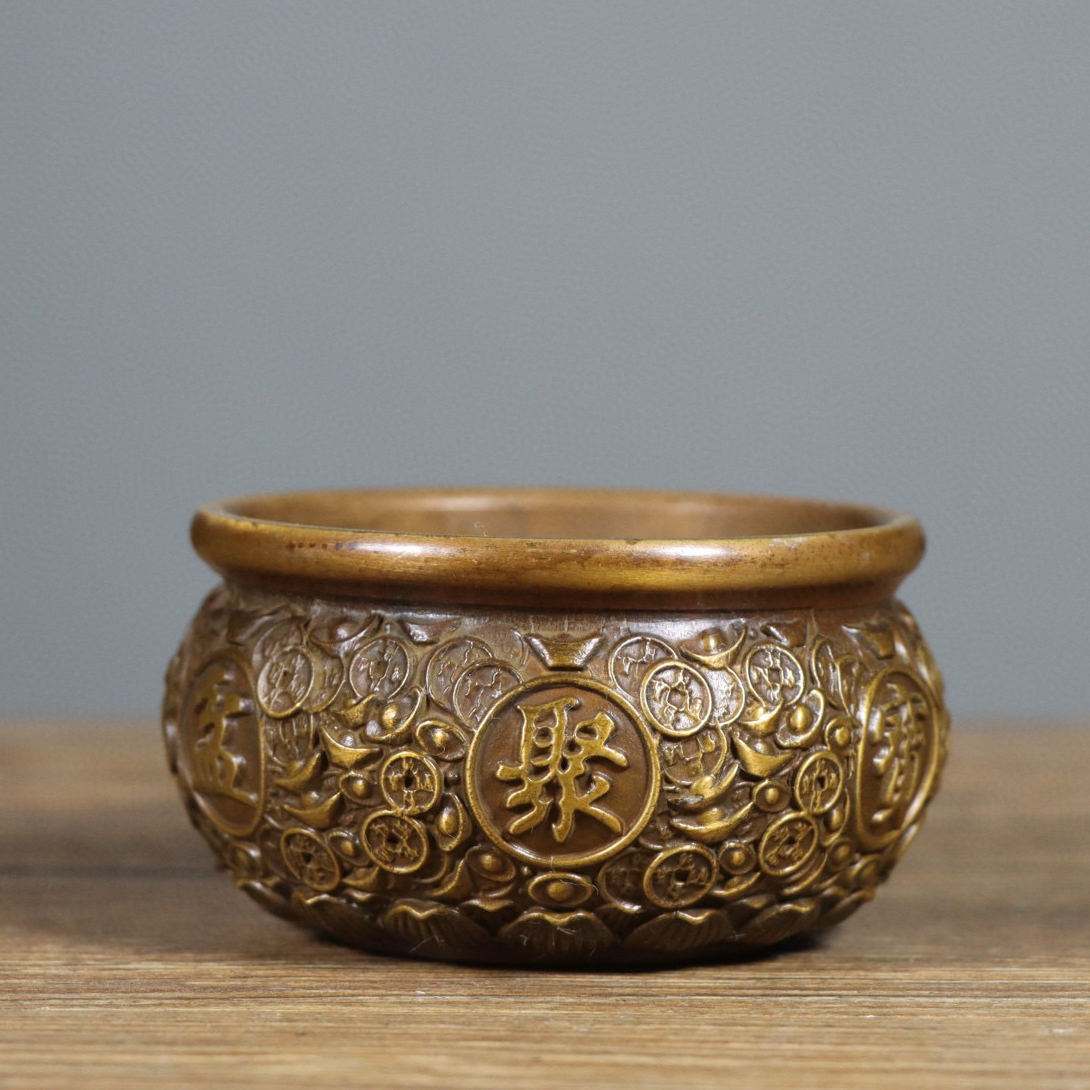 纯铜元宝钱币聚宝盆招财进宝莲花底铜缸家居客厅酒柜玄关装饰摆件