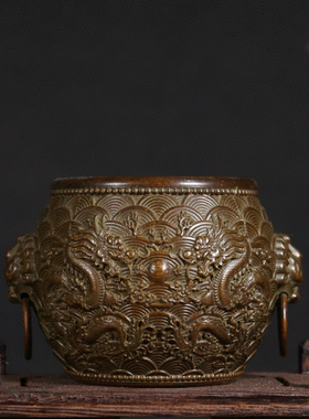 古玩纯铜二龙戏珠狮耳铜缸聚宝盆家居办公室玄关装饰招财聚财摆件