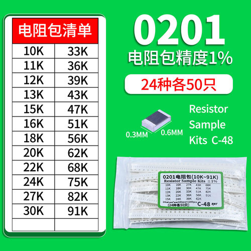 0201贴片电阻包24种各50个10K-91K精度1%DIY维修测试样品包43K