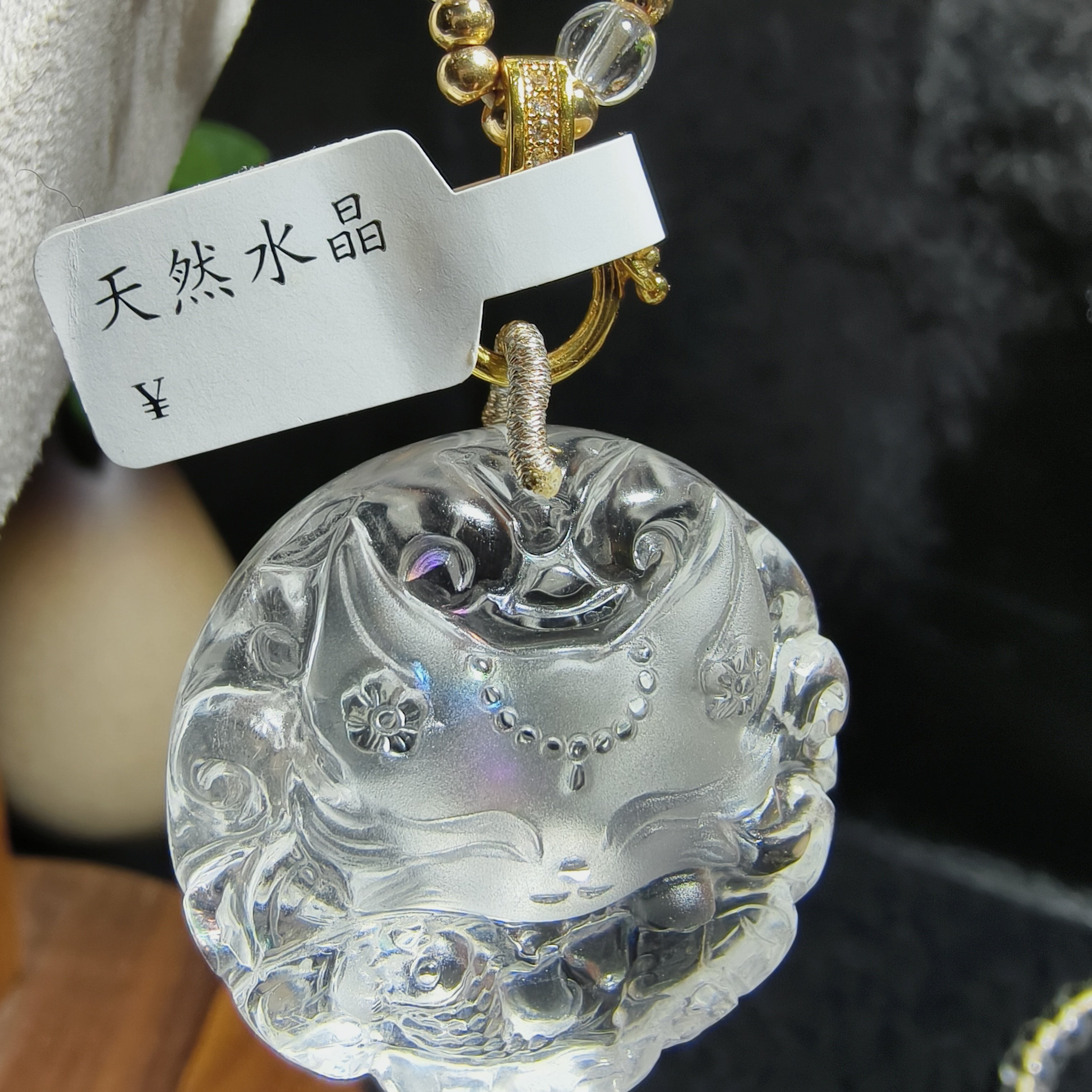 天然白水晶九尾狐吊坠项链女款白狐水晶项链女士毛衣链七彩虹水晶