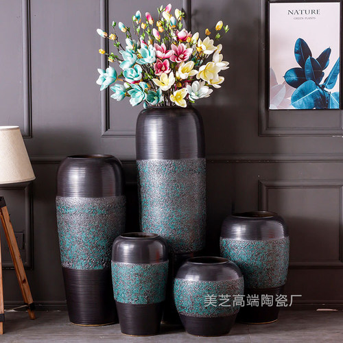 客厅干花罐瓷瓶插花器摆件玄关中式复古怀旧大花瓶电视柜仿古陶罐