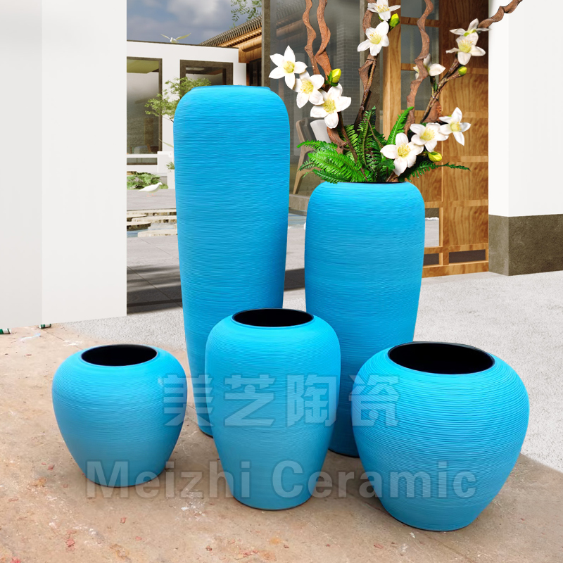 浅蓝色装饰陶瓷落地大型花瓶仿真花盆民宿酒店创意莫兰迪插花陶罐