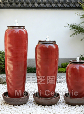 红色流水摆件循环水景花瓶涌泉缸
