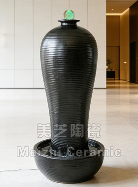 黑色美人流水罐公司门口流水摆件循环水景观加湿器喷泉陶罐涌水缸