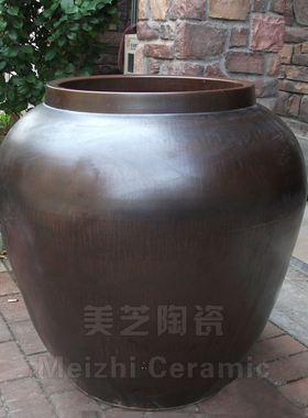 大型花缸棕色超大罐子复古陶罐花瓶仿真花插花摆件干枝陶缸种树盆