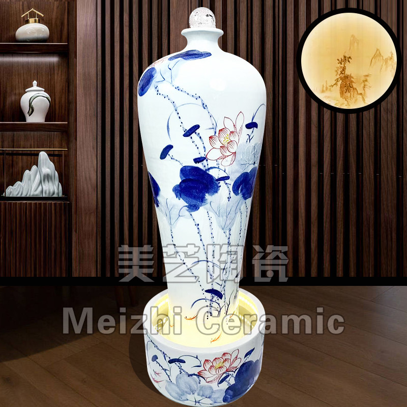 景德镇陶瓷加湿器手绘美人瓶流水缸水晶球流水摆件循环水景工艺品