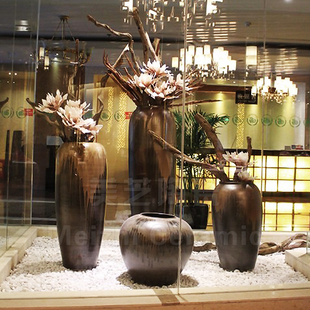 客厅棕色装饰陶罐立地插花罐鎏金岁月陶瓷大花瓶高大干花陶缸摆设