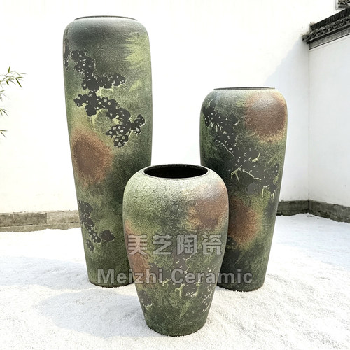 中式复古陶罐花瓶三件套粗陶落地陶缸民宿酒店做旧陶瓷花盆插花罐