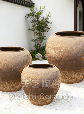 景德镇复古粗陶落地花瓶仿铁锈釉陶罐客厅插花花器橱窗装饰花罐子