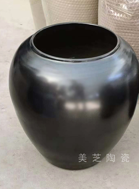 黑色哑光陶罐流水坛子售楼部插花器仿真花落地花瓶陶瓷缸摆件瓦罐