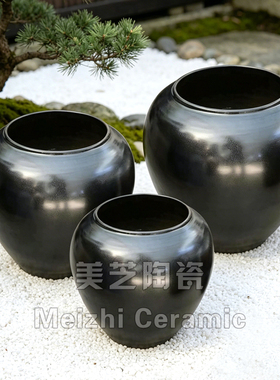 酒店黑色流水罐粗陶罐插花器复古陶瓷花瓶黑色大肚缸户外大号花盆