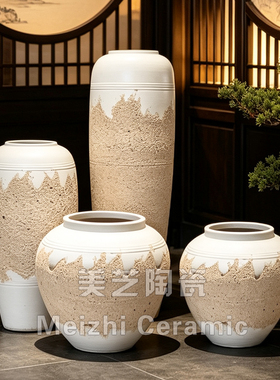 景德镇复古粗陶落地超大花瓶家居店矮胖花缸禅意干枝陶罐做旧花盆