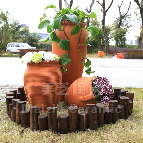 园林景观陶罐落地花瓶红陶粗泥土花盆粗陶瓶花园庭院别墅组合陶盆