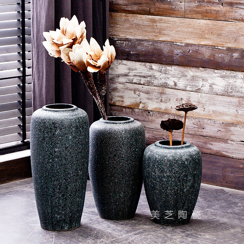 美芝陶瓷落地大花瓶插花罐陶缸花盆做旧粗陶花钵酒店干枝陶罐摆件