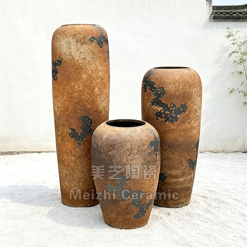 美芝陶瓷大花瓶仿铁锈陶罐摆件民宿样板间橱窗软装饰花盆批发花器