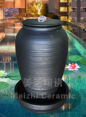 客厅黑色流水罐喷泉花瓶加湿器陶瓷流水生财摆件循环水陶罐喷水缸