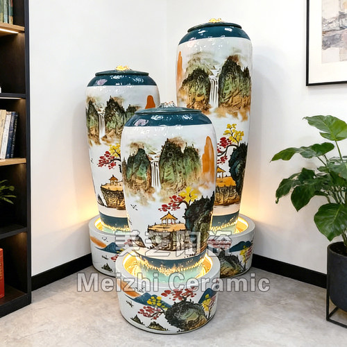 别墅客厅高端手绘陶瓷流水摆件循环水景喷泉花瓶流水加湿陶罐涌泉