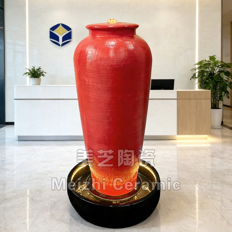 公司开业礼品红色流水摆件循环水景喷泉花瓶客厅陶瓷加湿器流水罐