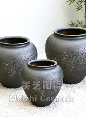 酒店大堂落地大花瓶黑色大陶罐前台花器高50宽50花艺装饰摆件坛子