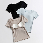 文胸罩杯一体瑜伽家居服睡衣上衣 打底衫 女纯棉带胸垫短袖 T恤半袖