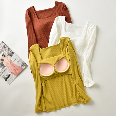 秋冬方领内搭带杯家居服长袖T恤