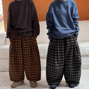 男女孩百搭宽松老爹裤 儿童裤 加绒格子休闲阔腿裤 韩版 子男女童冬季